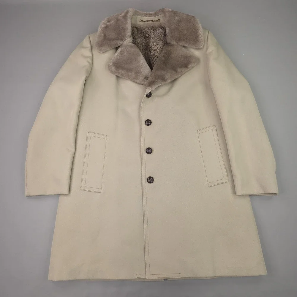Vintage Fur Collar Coat Mens 40 Beige Faux Fur Lined Dress Overcoat Winter